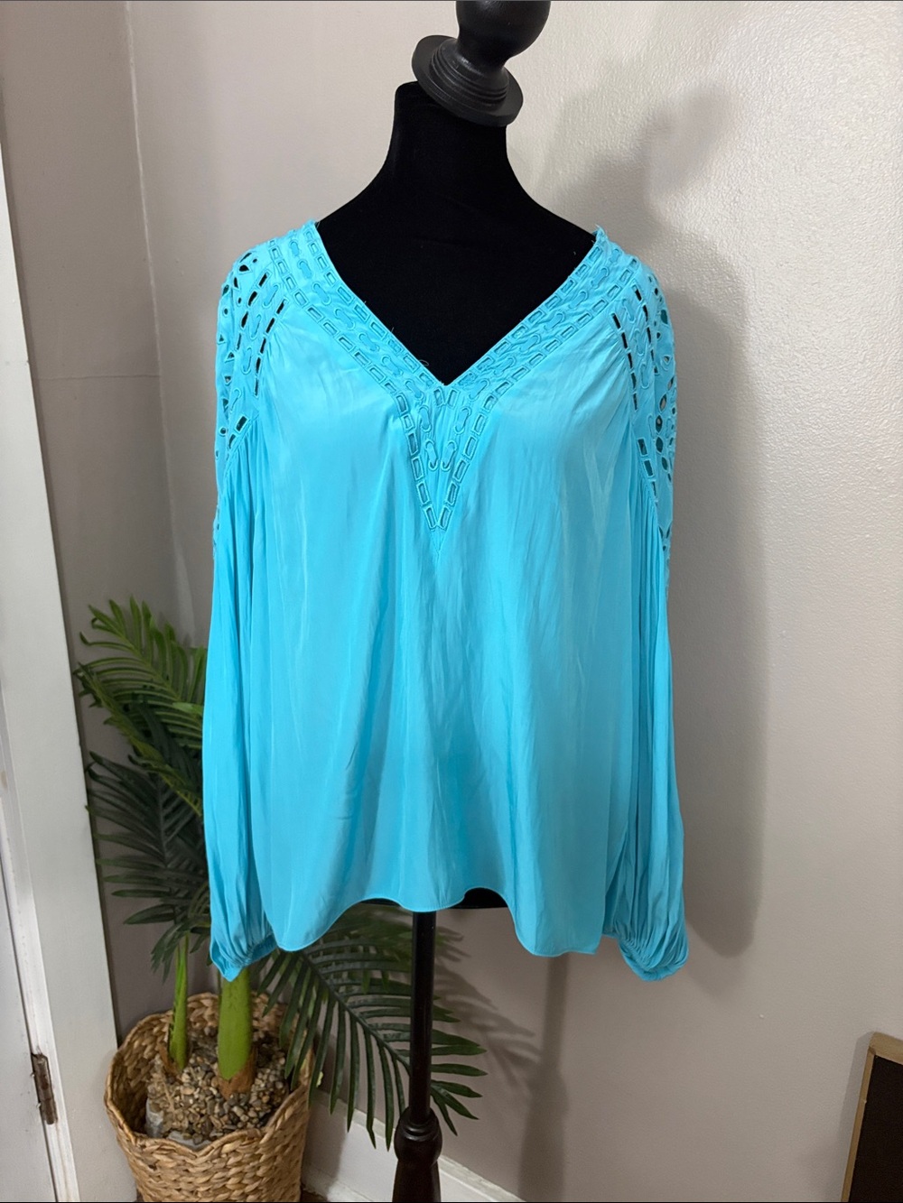 Ramy Brook Komi V-Neck Eyelet Blouse Tile Blue Small